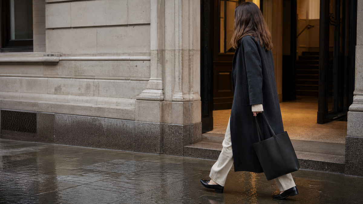 Anonymous woman walking from a damp-looking British pavement towards a warm building entrance in a generic long charcoal coat.