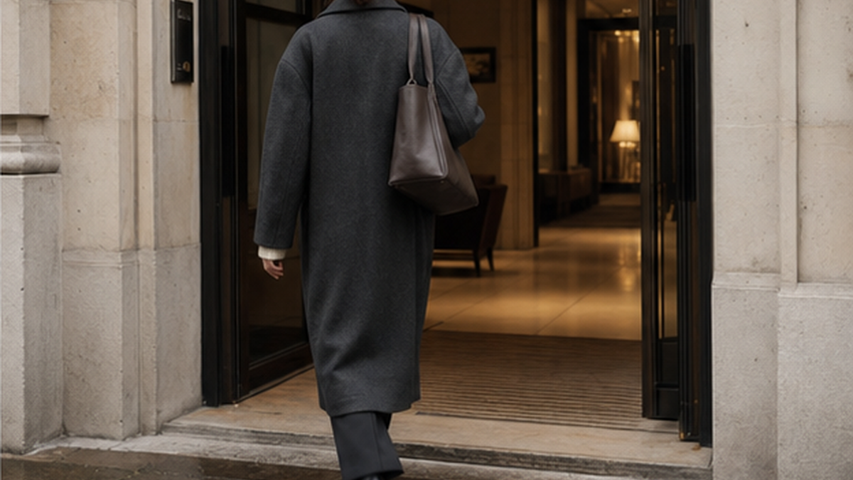 Anonymous woman in a generic charcoal coat walking from a damp-looking British pavement into a warm, understated interior.