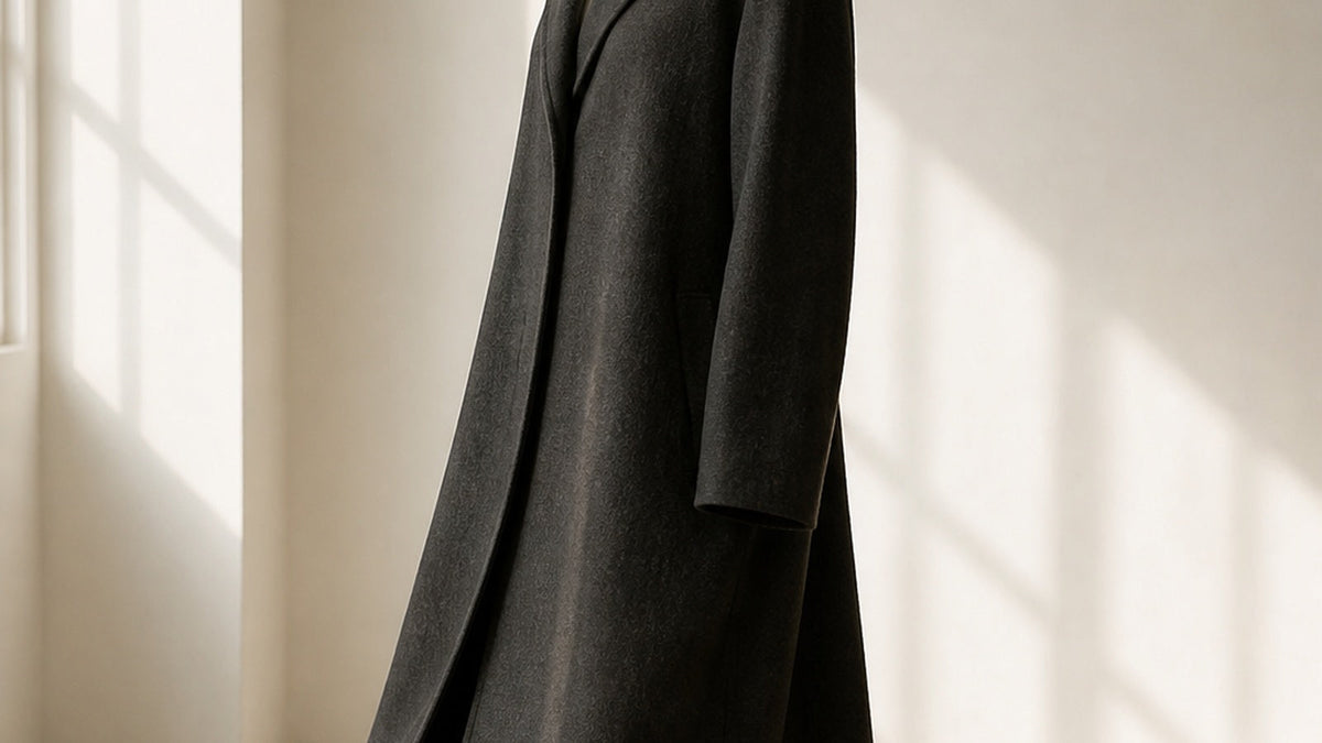 A generic charcoal coat on a dress form in a softly lit studio, used to illustrate wool coat drape and construction.