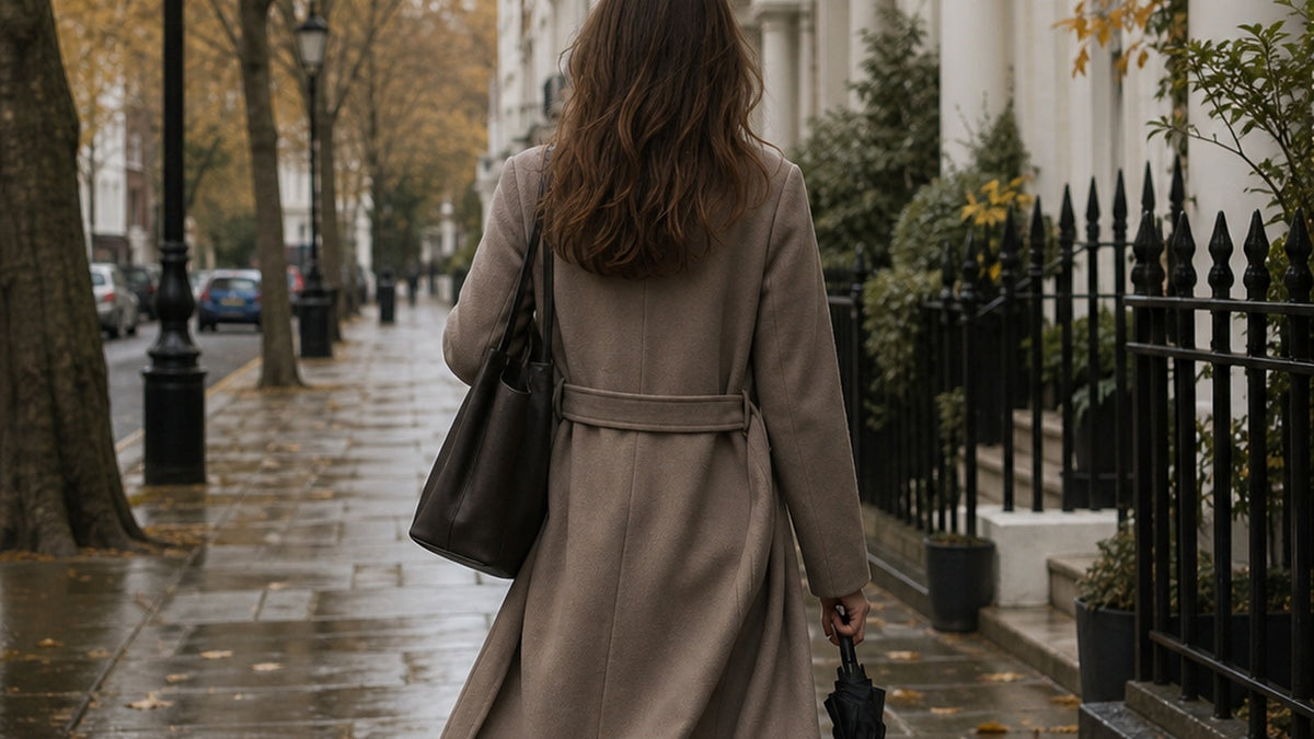 Anonymous woman walking along a damp British residential street in a long neutral coat.