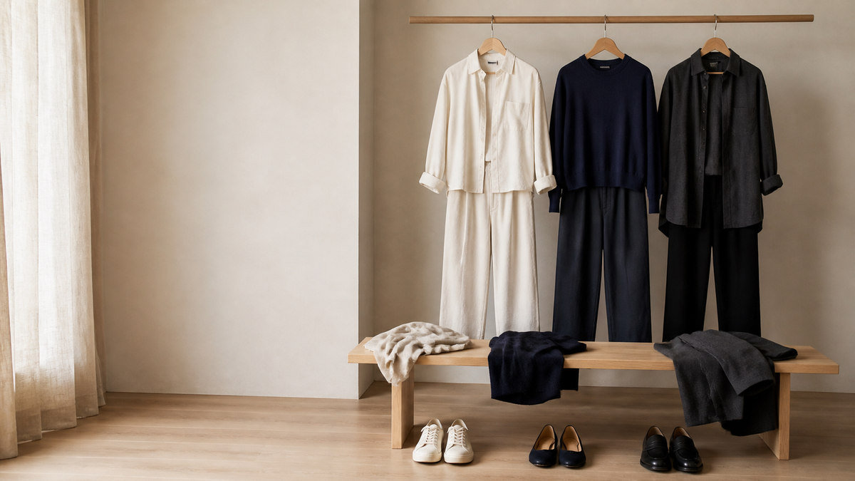 Generic unbranded wardrobe still life with three understated outfit groupings on a rail and bench.
