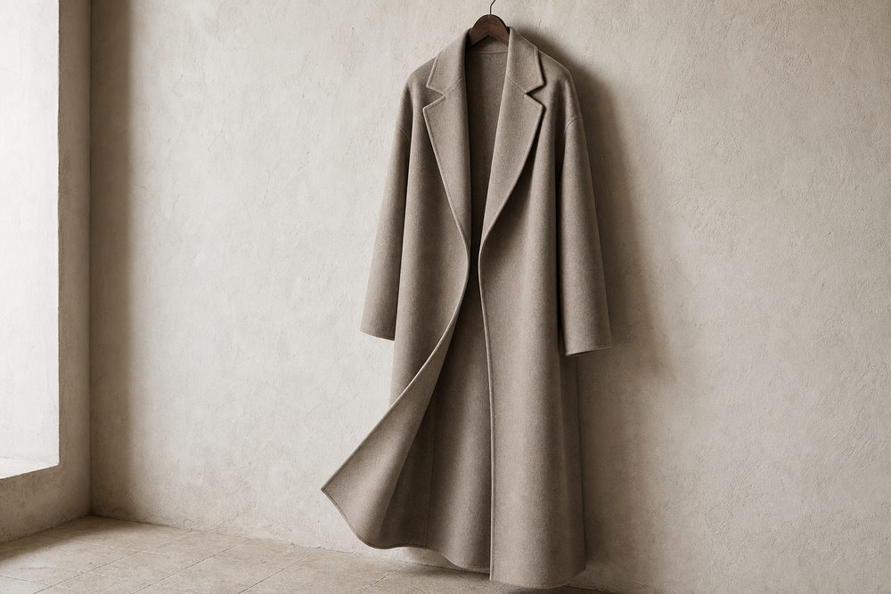 Long warm greige double-faced wool coat hanging in a quiet, softly lit studio.