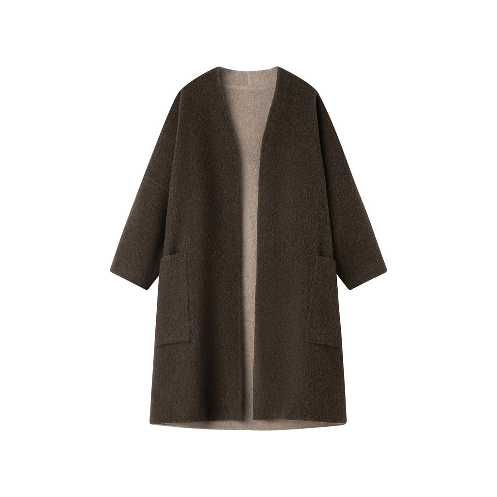 Dark brown collarless coat shown on a white background, with two patch pockets and its lighter inner face visible.