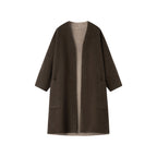 Dark brown collarless coat shown on a white background, with two patch pockets and its lighter inner face visible.