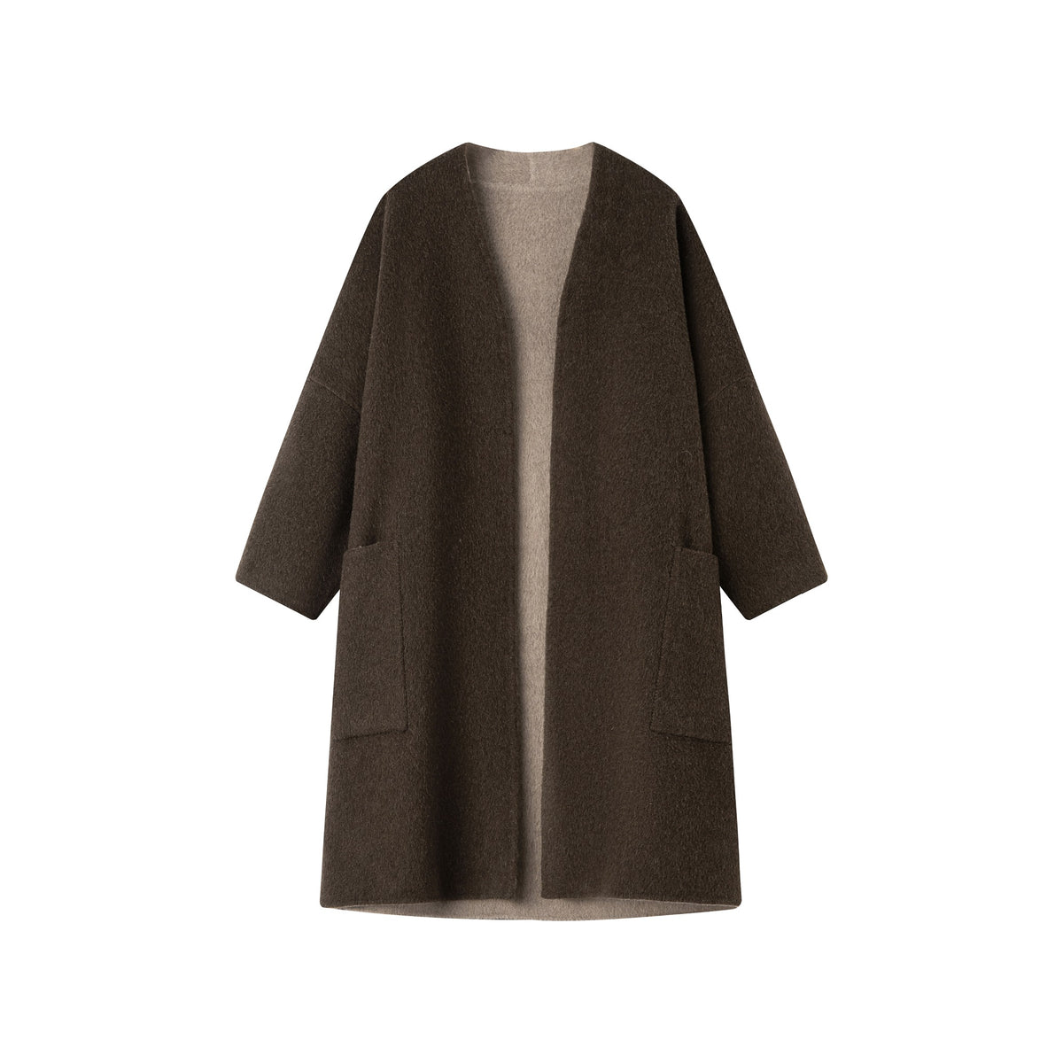 Dark brown collarless coat shown on a white background, with two patch pockets and its lighter inner face visible.