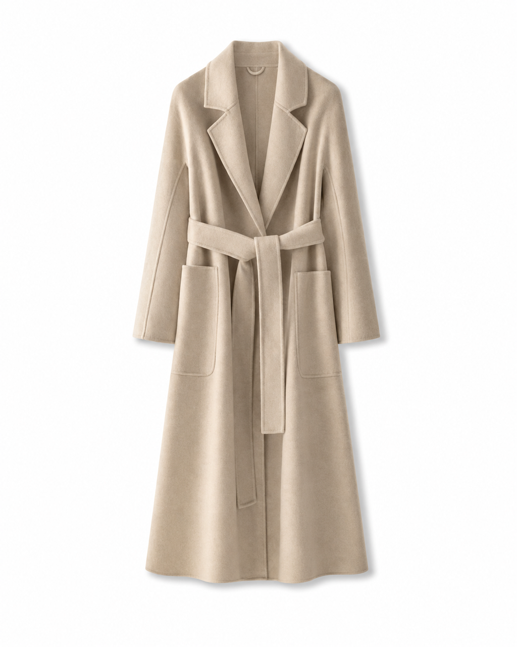 Almond pure wool belted coat, front view with notched lapels and patch pockets.
