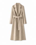 Almond pure wool belted coat, front view with notched lapels and patch pockets.