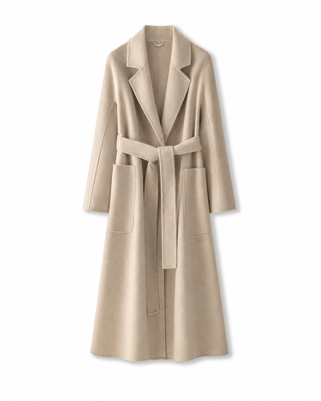 Almond pure wool belted coat, front view with notched lapels and patch pockets.