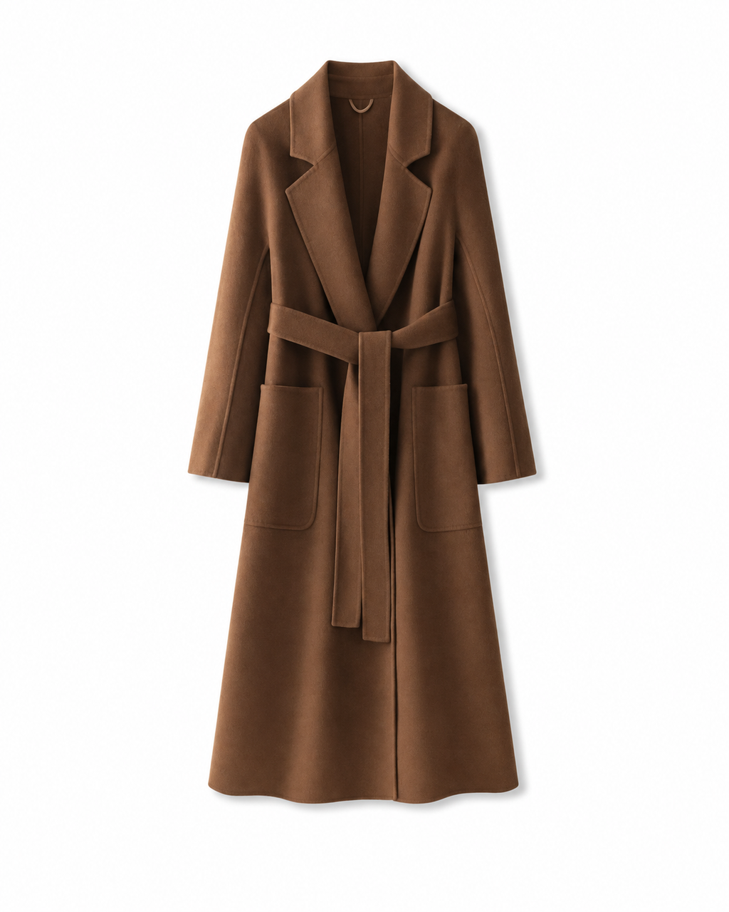 Coffee pure wool belted coat, front view with notched lapels and patch pockets.