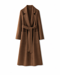 Coffee pure wool belted coat, front view with notched lapels and patch pockets.