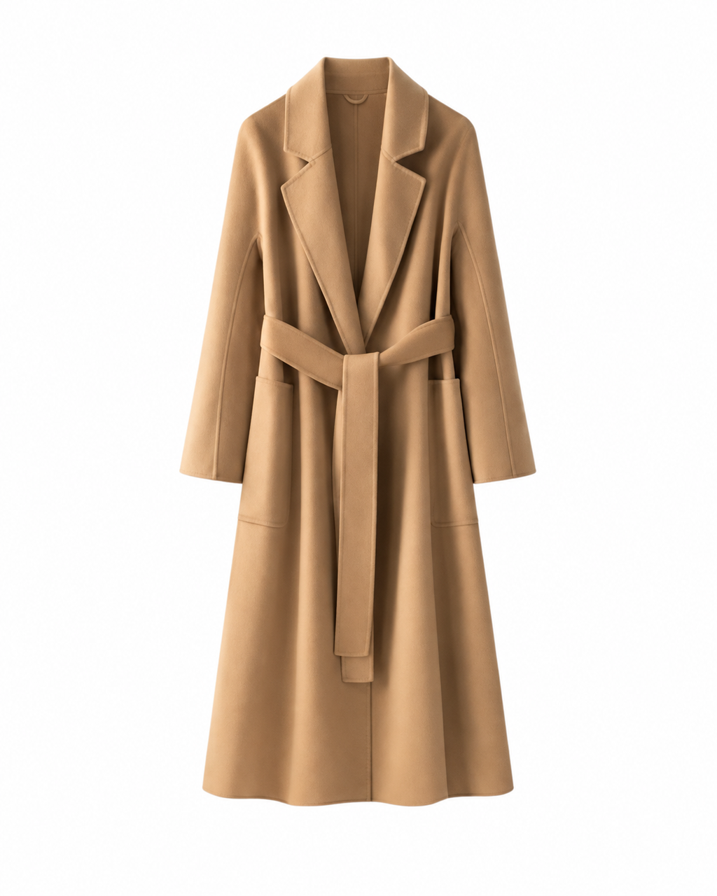 Desert gold pure wool belted coat, front view with notched lapels and patch pockets.