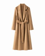 Desert gold pure wool belted coat, front view with notched lapels and patch pockets.