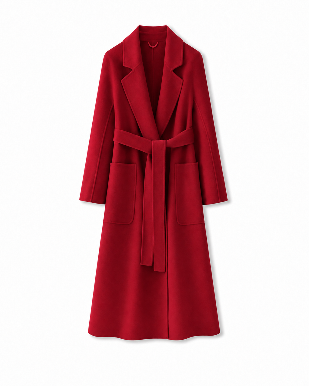 Ruby red pure wool belted coat, front view with notched lapels and patch pockets.