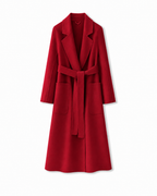 Ruby red pure wool belted coat, front view with notched lapels and patch pockets.