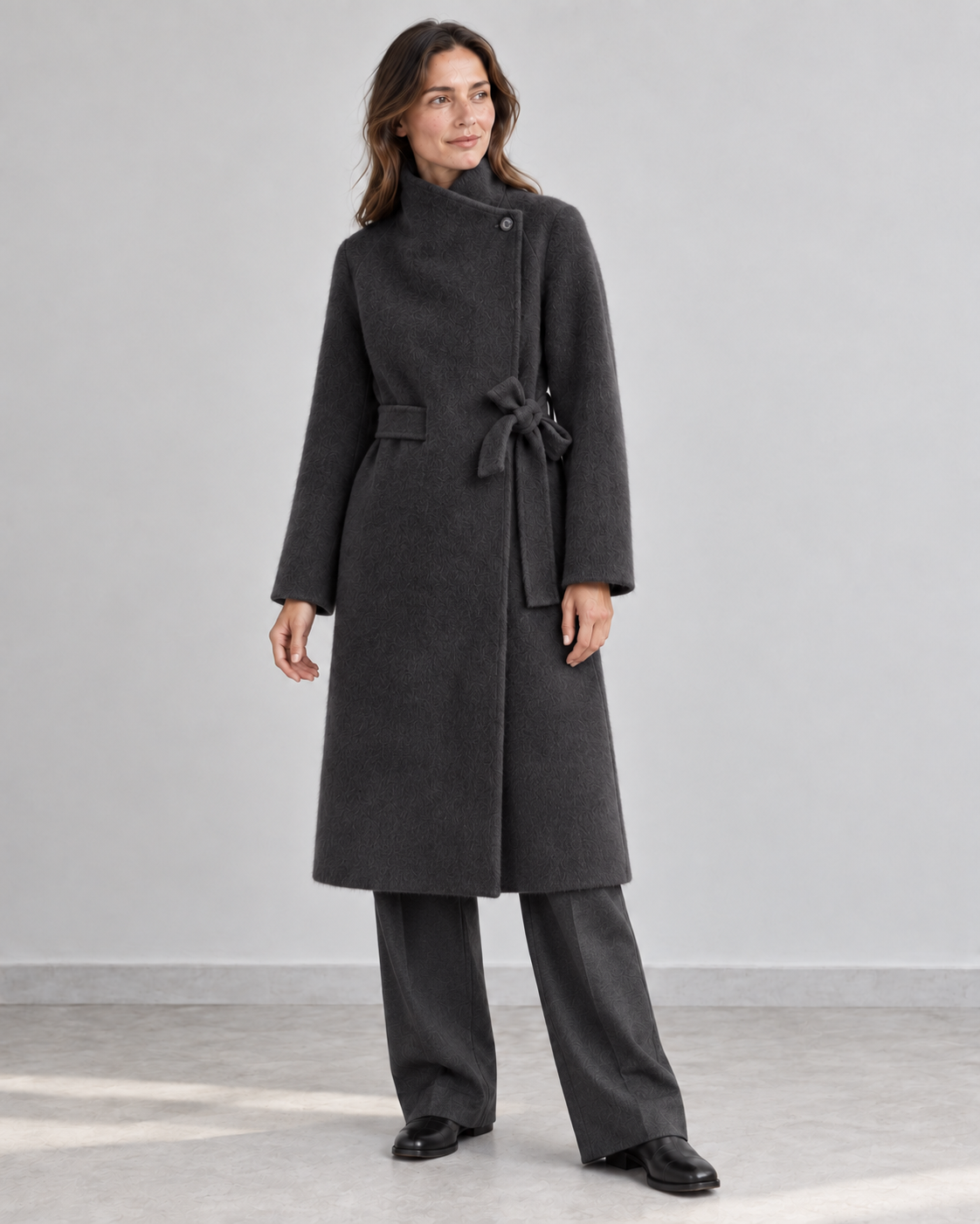 AI styling illustration of the 26004 charcoal wrap coat, buttoned overlapping collar