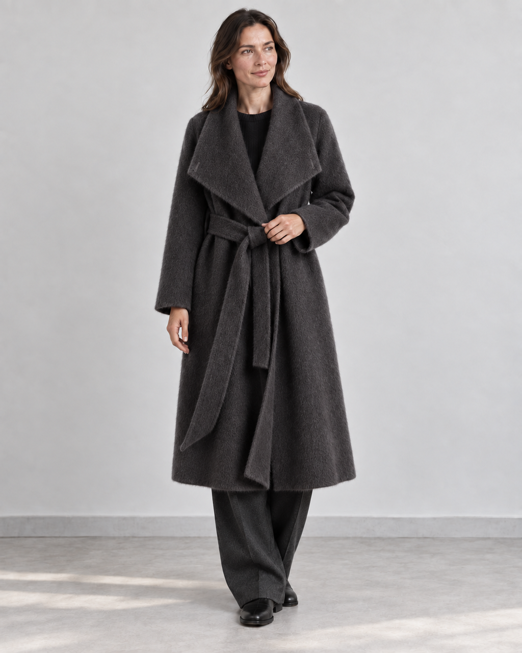 AI styling illustration of the 26004 charcoal wrap coat, open waterfall collar