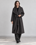 AI styling illustration of the 26004 charcoal wrap coat, open waterfall collar