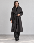 AI styling illustration of the 26004 charcoal wrap coat, open waterfall collar