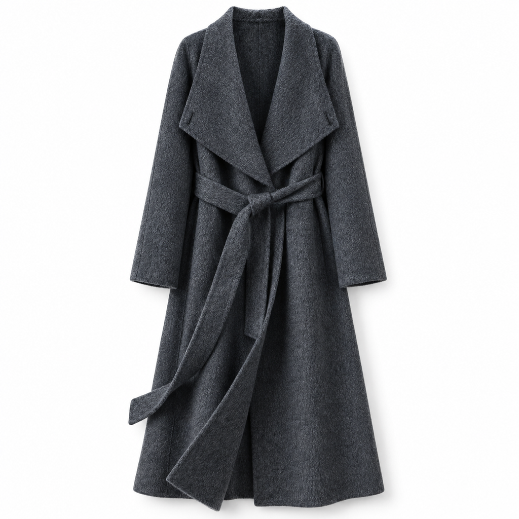 26004 wrap coat in charcoal, front view on a white background