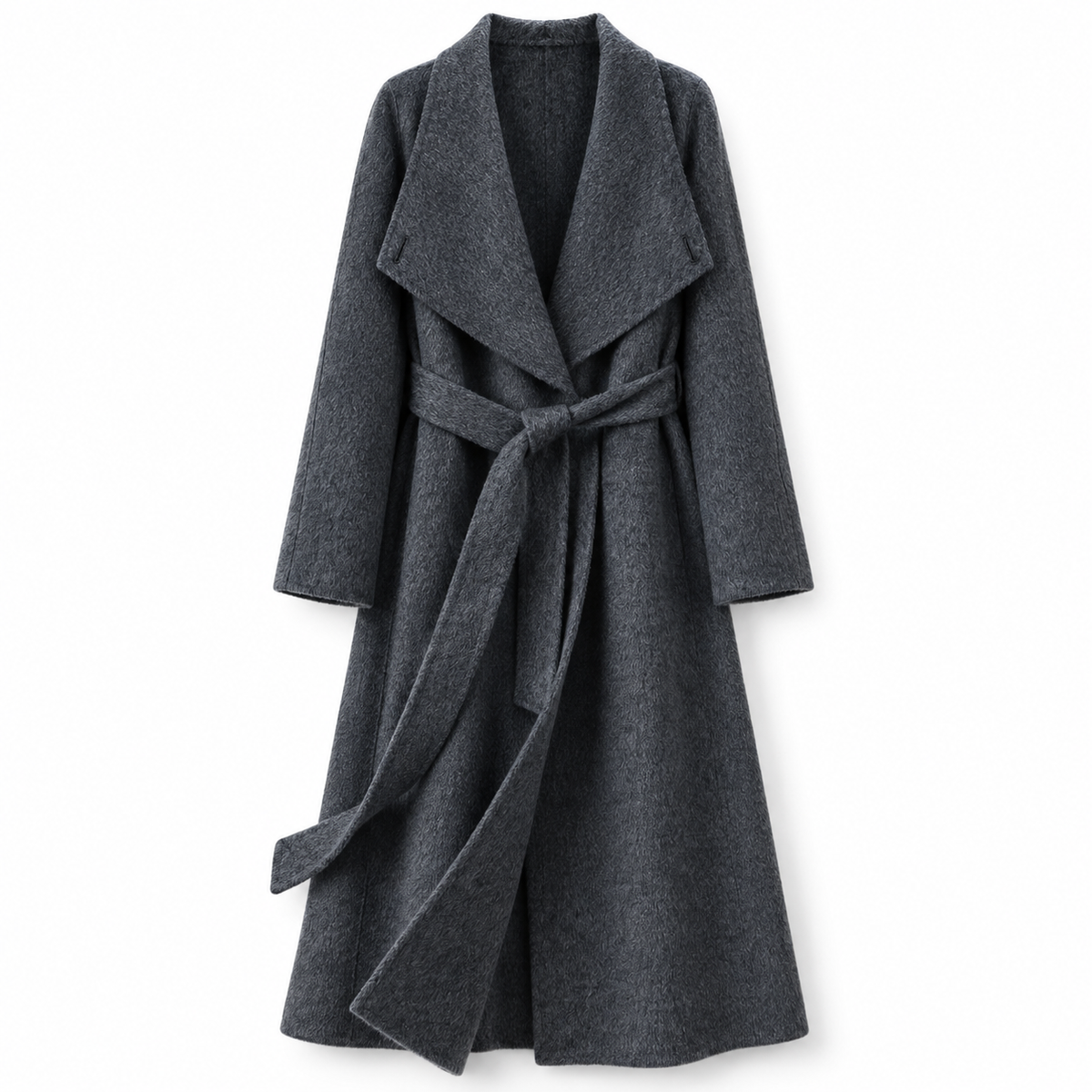 26004 wrap coat in charcoal, front view on a white background