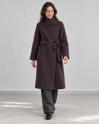AI styling illustration of the 26004 dark purple wrap coat, buttoned overlapping collar