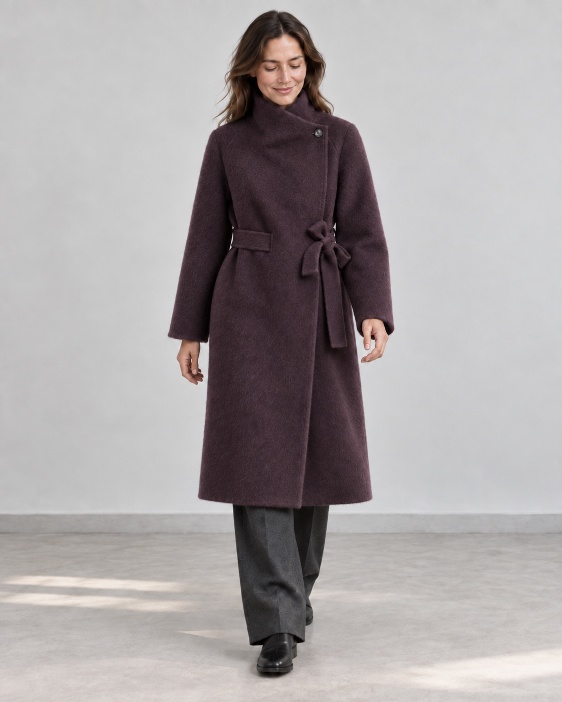 AI styling illustration of the 26004 dark purple wrap coat, buttoned overlapping collar