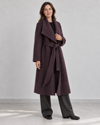 AI styling illustration of the 26004 dark purple wrap coat, open waterfall collar