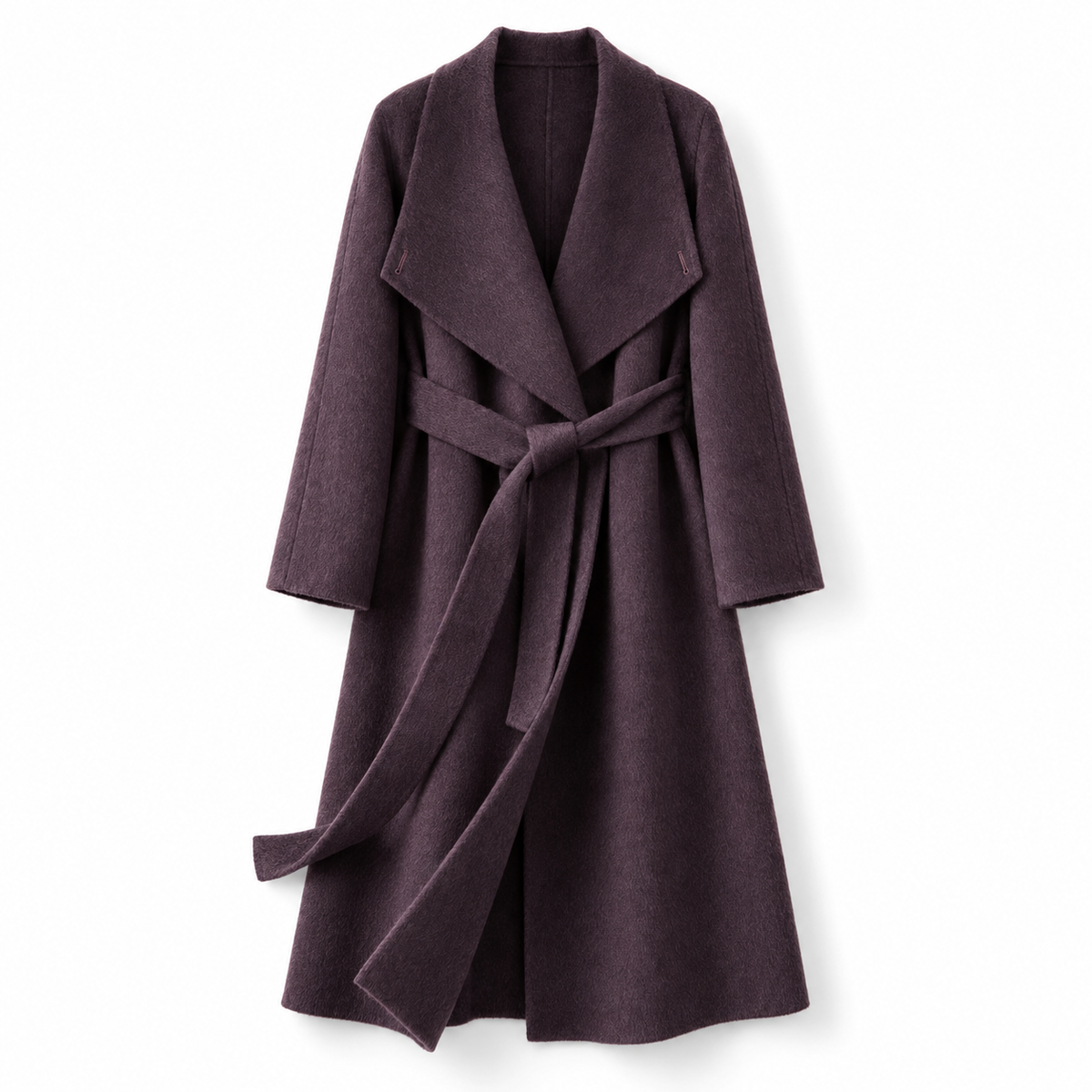26004 wrap coat in dark purple, front view on a white background