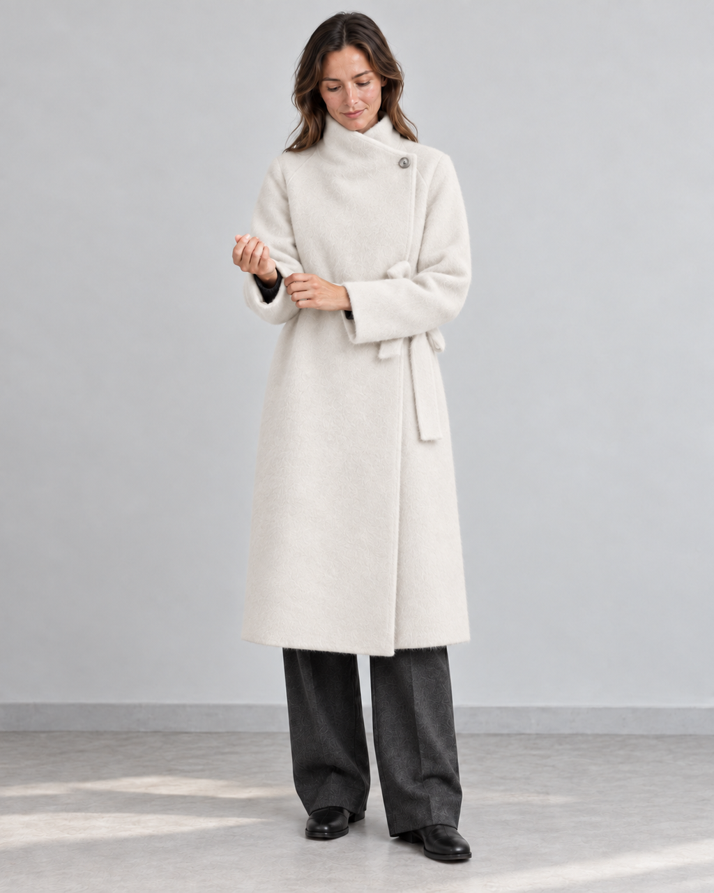 AI styling illustration of the 26004 ivory wrap coat, buttoned overlapping collar