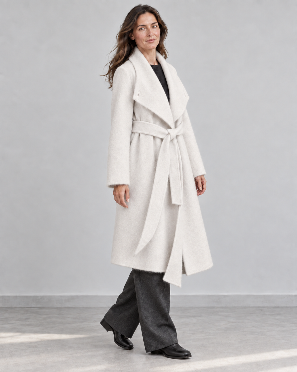 AI styling illustration of the 26004 ivory wrap coat, open waterfall collar