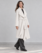 AI styling illustration of the 26004 ivory wrap coat, open waterfall collar