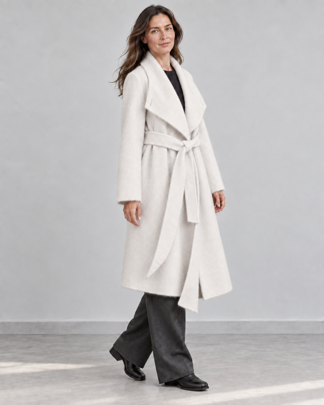 AI styling illustration of the 26004 ivory wrap coat, open waterfall collar