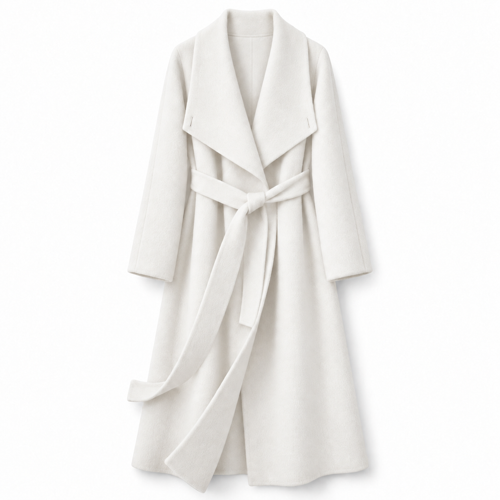 26004 wrap coat in ivory, front view on a white background
