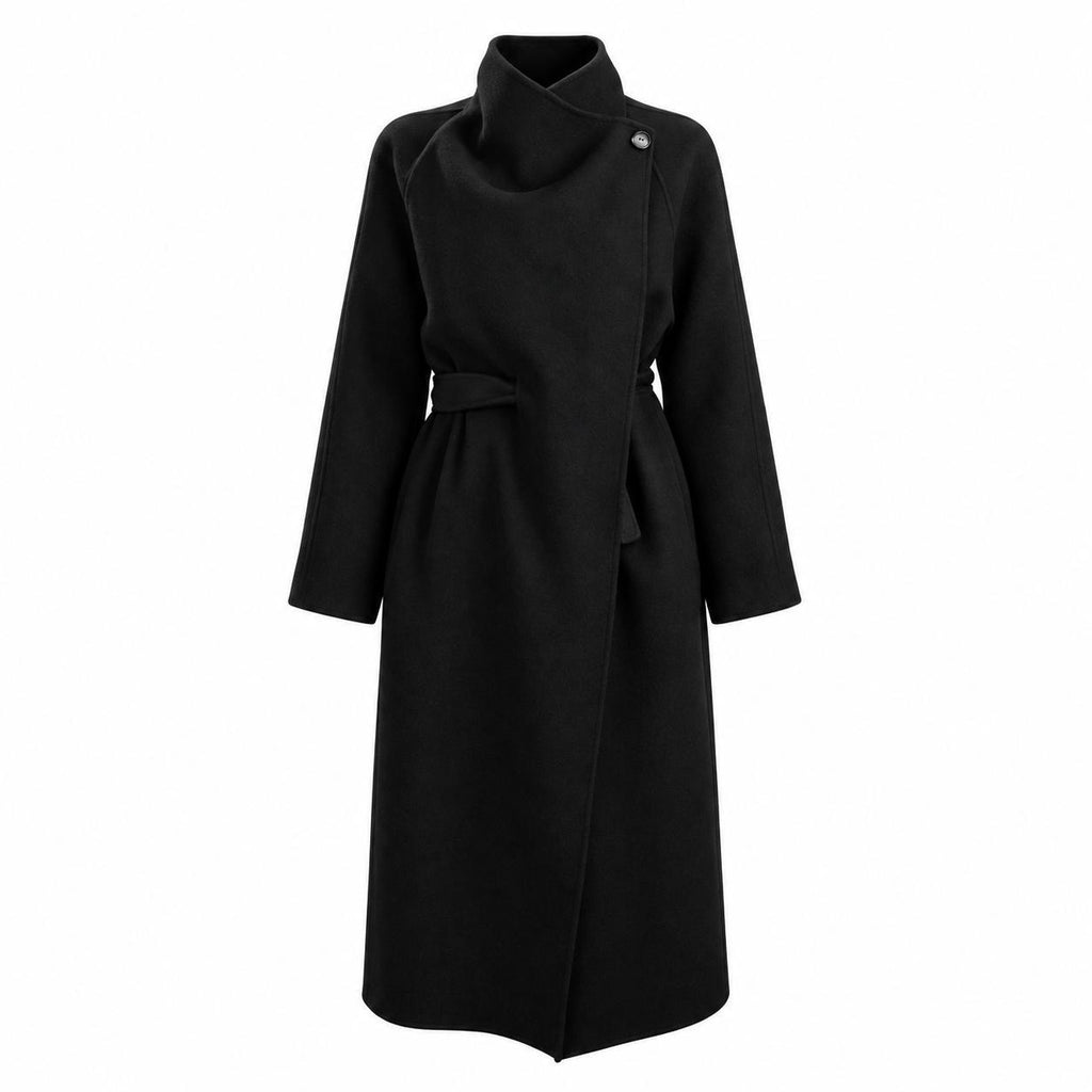 Black wool wrap coat with a convertible collar, front view