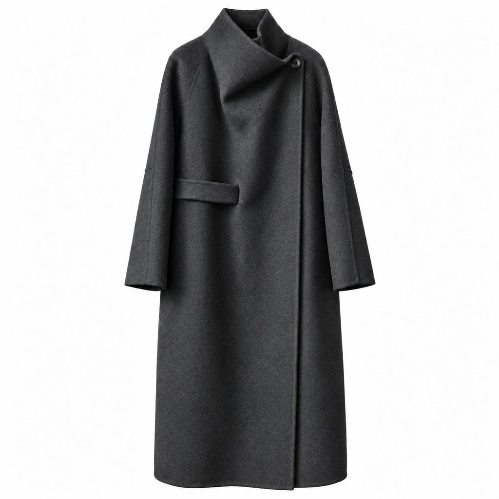Charcoal wool wrap coat with a convertible collar, front view