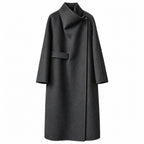 Charcoal wool wrap coat with a convertible collar, front view