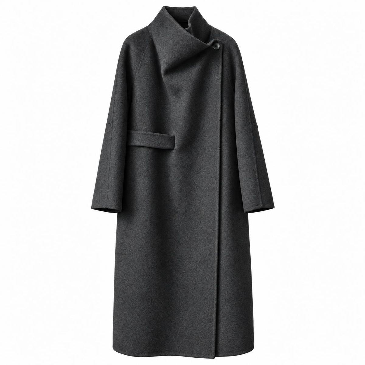 Charcoal wool wrap coat with a convertible collar, front view