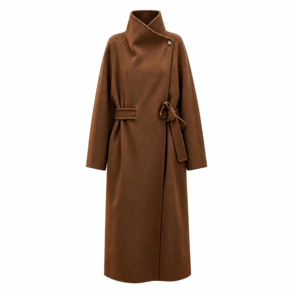 Coffee wool wrap coat with a convertible collar, front view