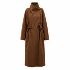 Coffee wool wrap coat with a convertible collar, front view