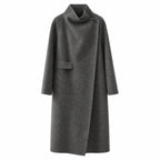 Dark Grey wool wrap coat with a convertible collar, front view