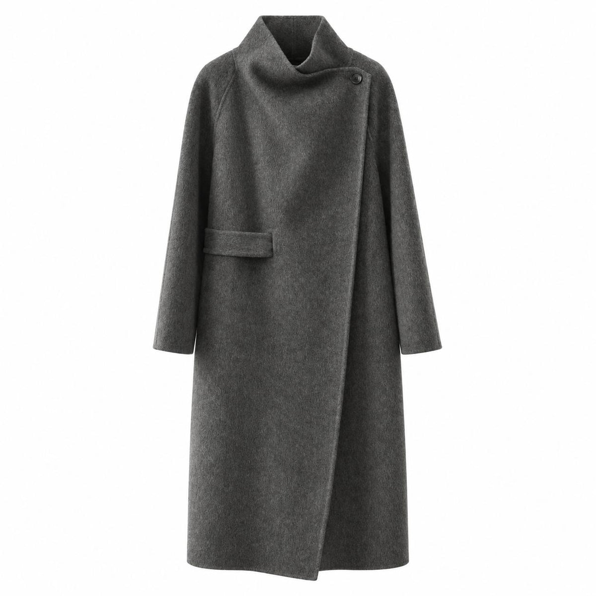 Dark Grey wool wrap coat with a convertible collar, front view