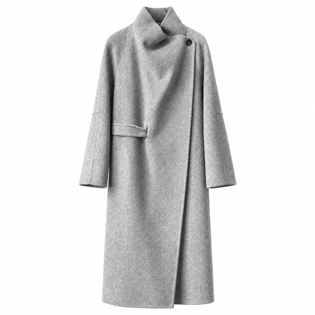 Light Grey wool wrap coat with a convertible collar, front view