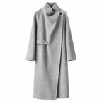 Light Grey wool wrap coat with a convertible collar, front view