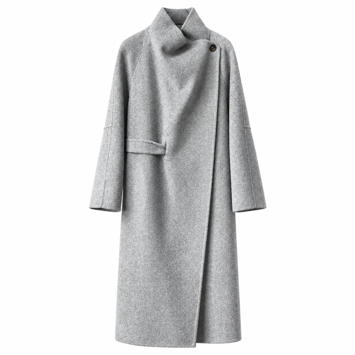 Light Grey wool wrap coat with a convertible collar, front view