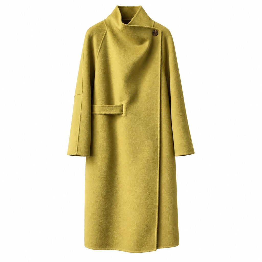 Yellow Green wool wrap coat with a convertible collar, front view