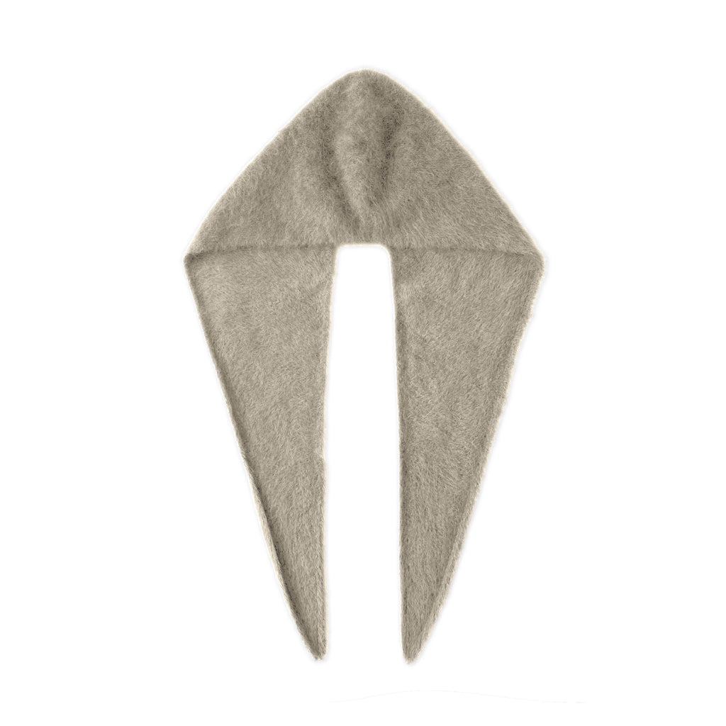 Beige one-piece knitted hooded scarf laid flat on white. Digitally colour-adjusted from the Grey product photograph.