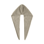 Beige one-piece knitted hooded scarf laid flat on white. Digitally colour-adjusted from the Grey product photograph.