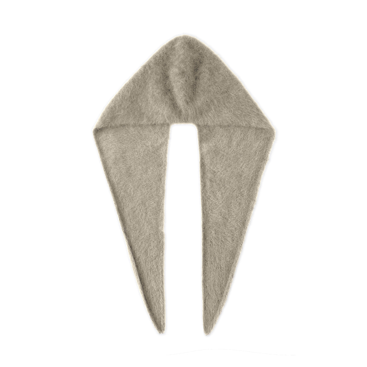 Beige one-piece knitted hooded scarf laid flat on white. Digitally colour-adjusted from the Grey product photograph.