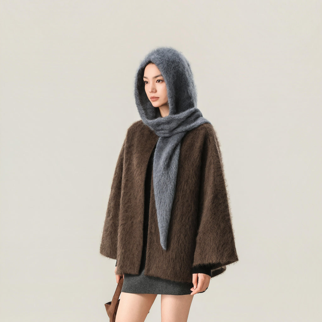 Grey hooded scarf wrapped and draped over a brown coat; styling clothing and bag are not included.