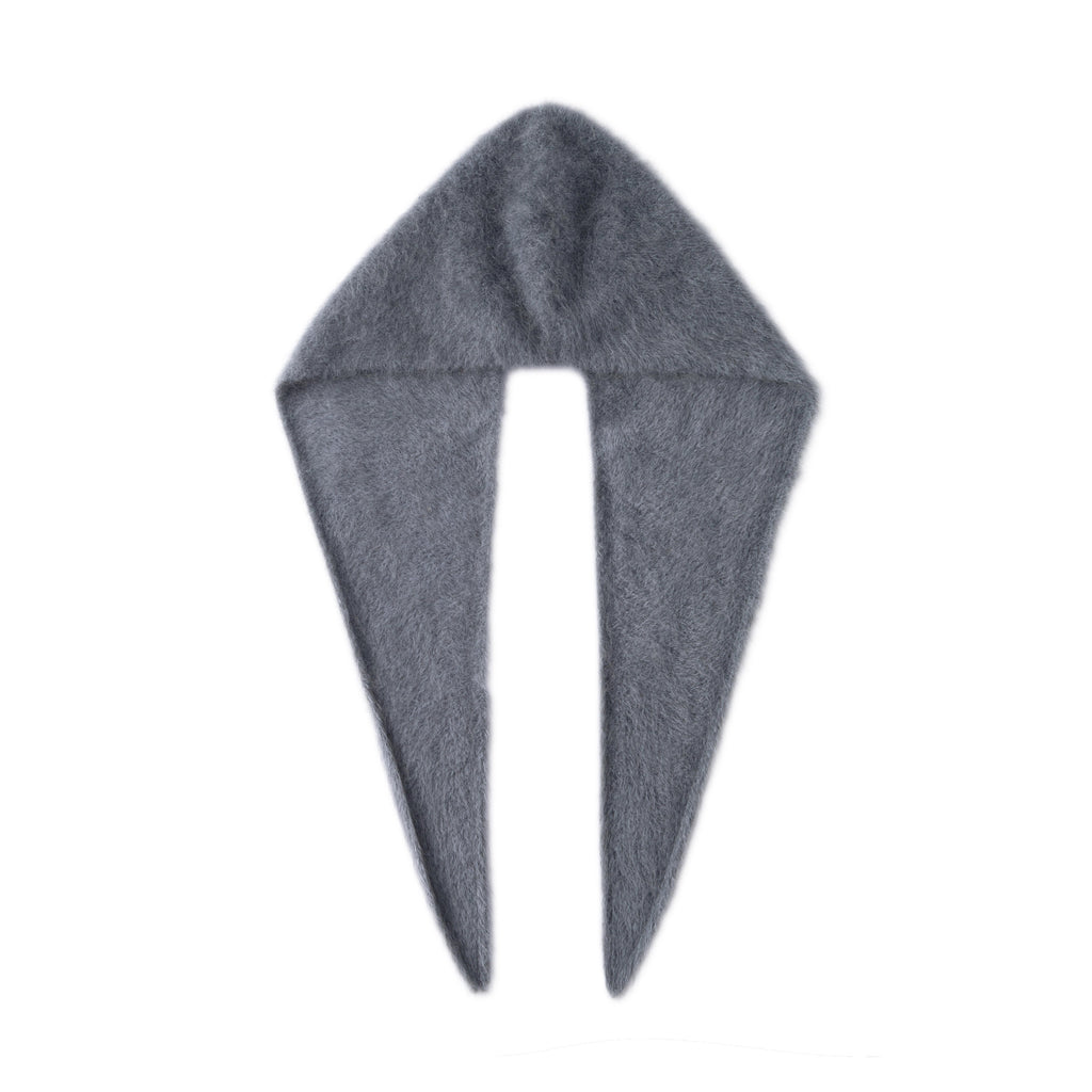 Grey one-piece knitted hooded scarf laid flat on a white background, showing the hood and both long tapered ends.